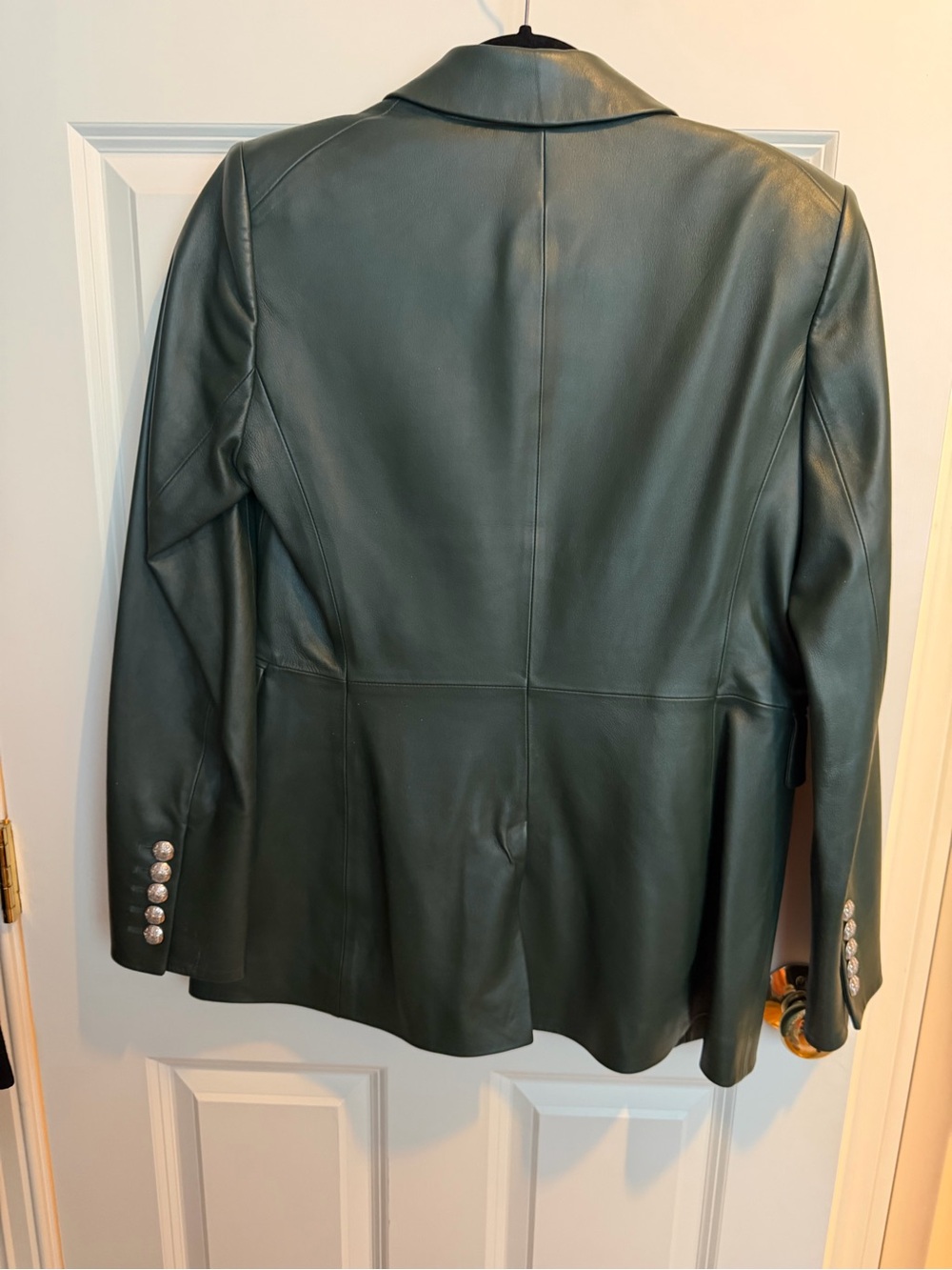 Double-Breasted Dark Green Leather Blazer - Picture 7 of 8